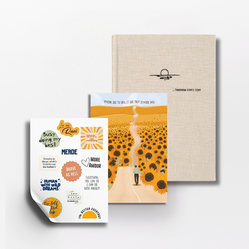 "The Happiness" bundle - 1 journal + 1 postcard + 12 stickers